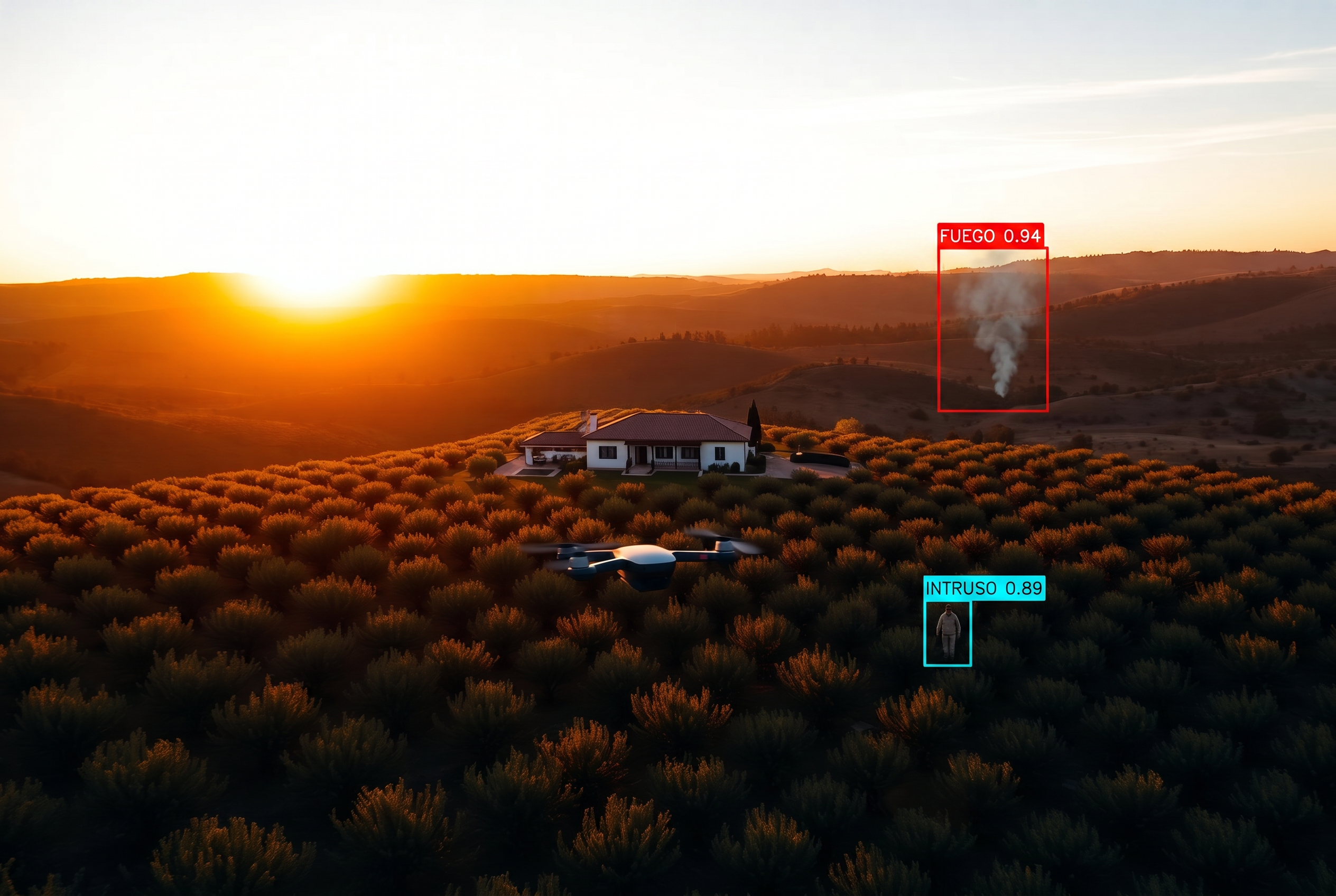 Foto aérea de finca al atardecer con un dron autónomo en vuelo