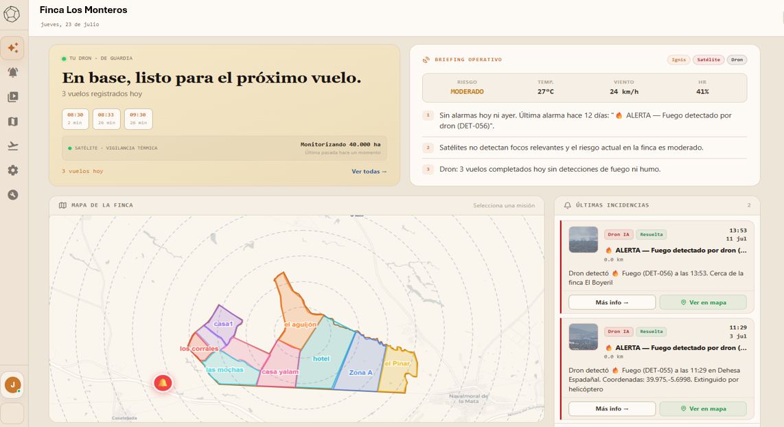 Panel de dlos.ai con estado del dron, parte meteorológico, mapa de zonas e incidencias de una finca
